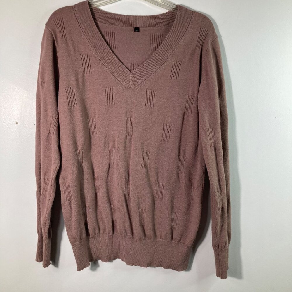 Womens Arach & Cloz V Neck Textured Sweater Mocha Mousse Brown L Viscose Polyest
